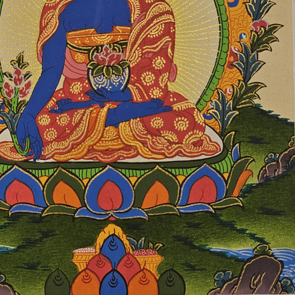 Hand Painted Medicine Buddha Thangka on Cotton Canvas | Healing Tibetan Wall Art | Spiritual Buddhist Decor for Altar or Meditation Room