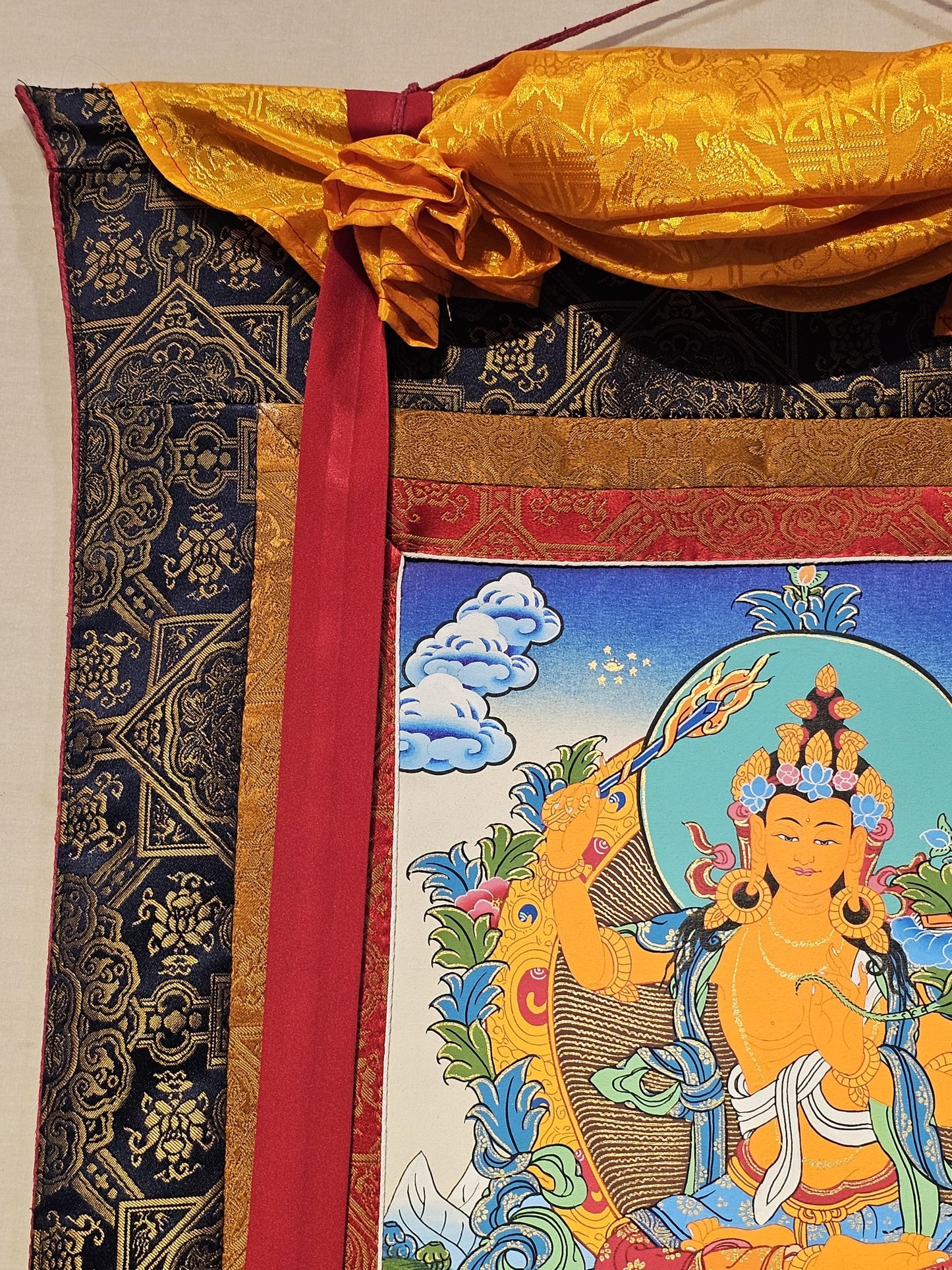 Manjushree Border Thangka | Tibetan Deity Thangka for Meditation Room Decor | Wisdom Buddha Painting for Altar